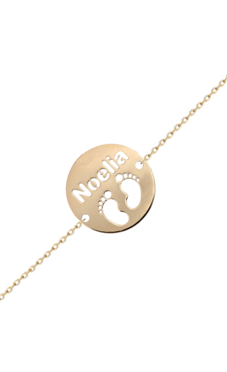 Pulsera personalizada en oro con pies bebé y nombre calado 287_PU1352