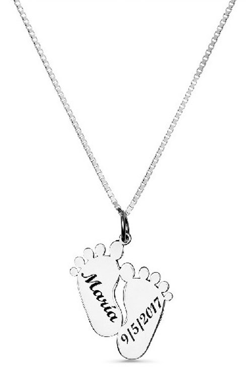 Gargantilla personalizada de plata, silueta pies de bebé con nombre 303_CO2559