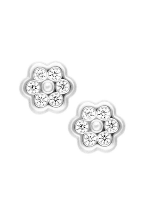 Pendientes para niña oro blanco 18k y circonitas forma de flor