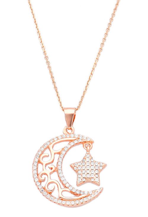 Gargantilla plata chapada rosa motivo luna y estrella