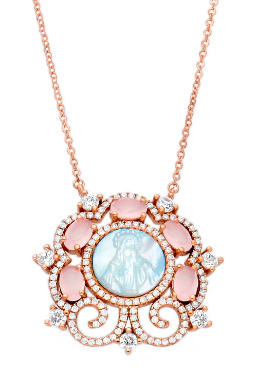 medalla nacar en plata chapada virgen milagrosa fotografia para joyeria online vista frontal