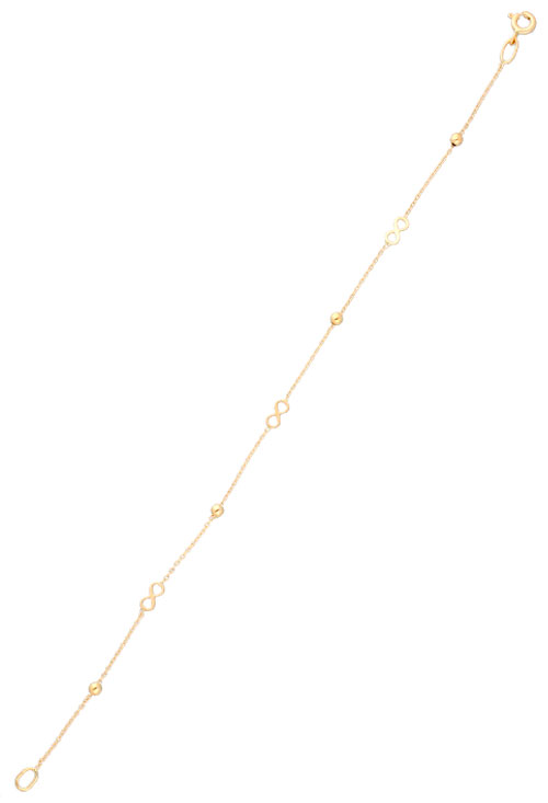pulsera oro 18k bolas y simbolos de infinito foto vista entera pulsera abierta