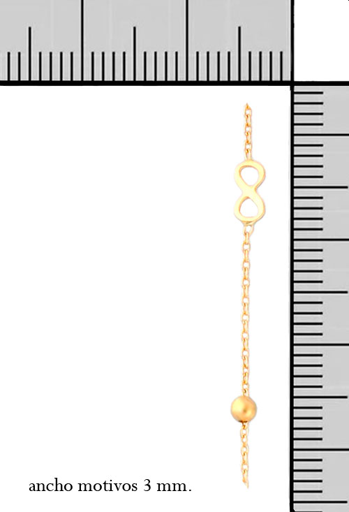 pulsera oro 18k bolas y simbolos de infinito foto vista con medidas