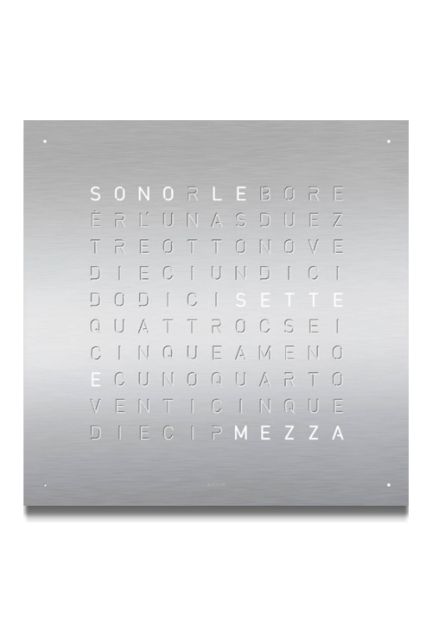 Qlocktwo Stainless Steel Brushed Weiss reloj de pared letras frontal