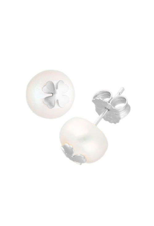 pendientes de perla montada en plata motivo trebol fotografia toma lateral sistema presion para web