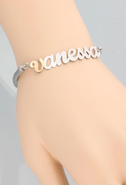 pulsera plata y acero nombre vanessa vista expositor modelo para outlet de joyeria