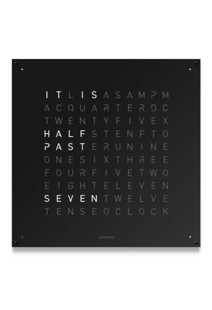 Qlocktwo Stainless Steel Black Pepper reloj pared grande 90x90 Cms frontal