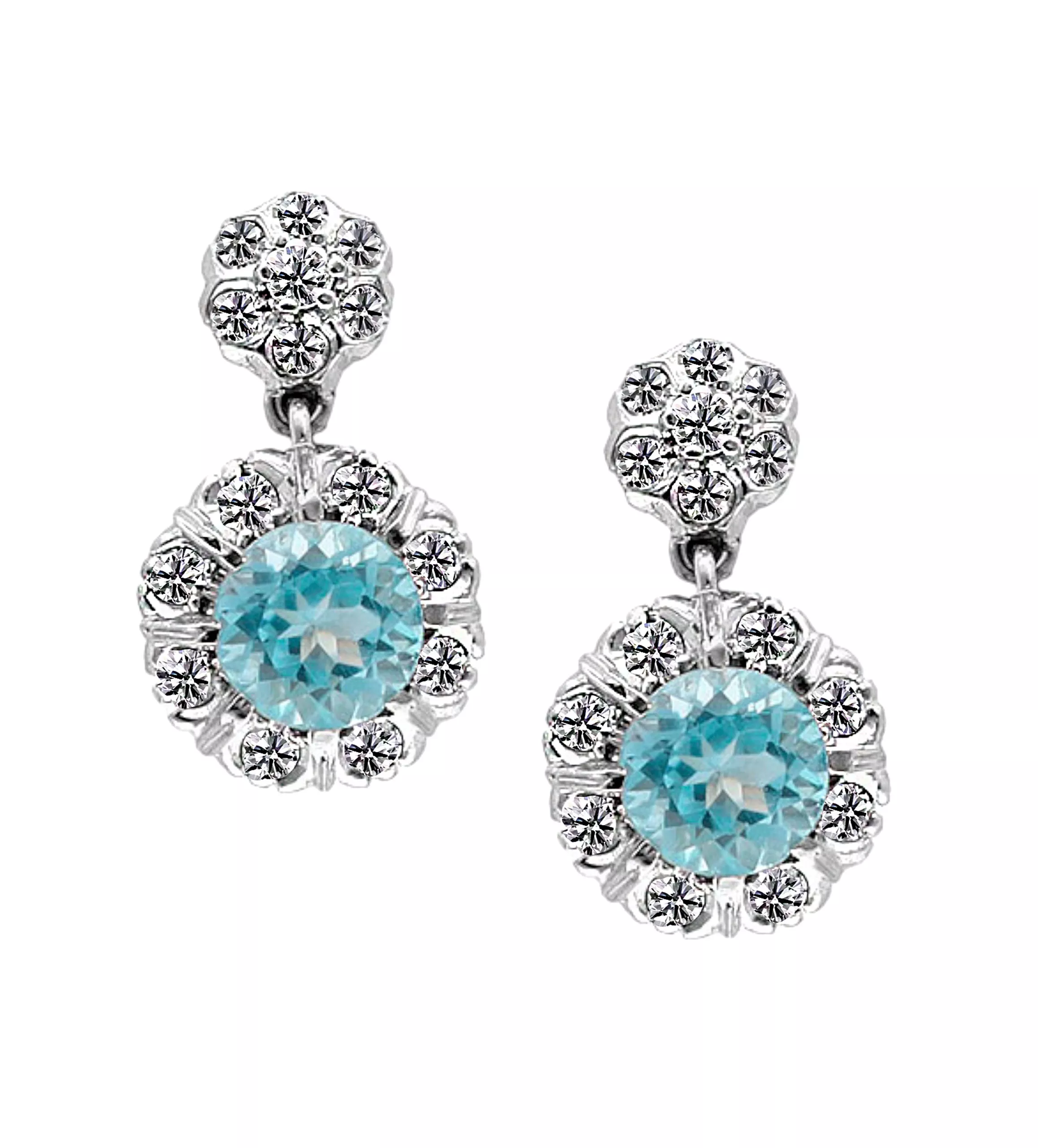 pendientes oro blanco 18 ktes con diamantes y topacio azul