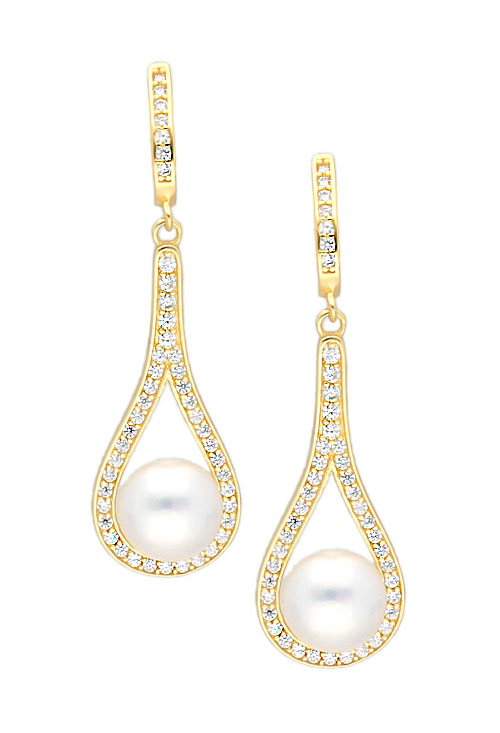 Pendientes largos de plata chapada con perla cultivada-0