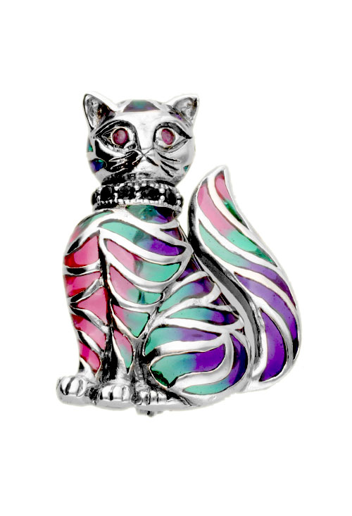 broche solapa plata de ley gato esmaltado vista frontal
