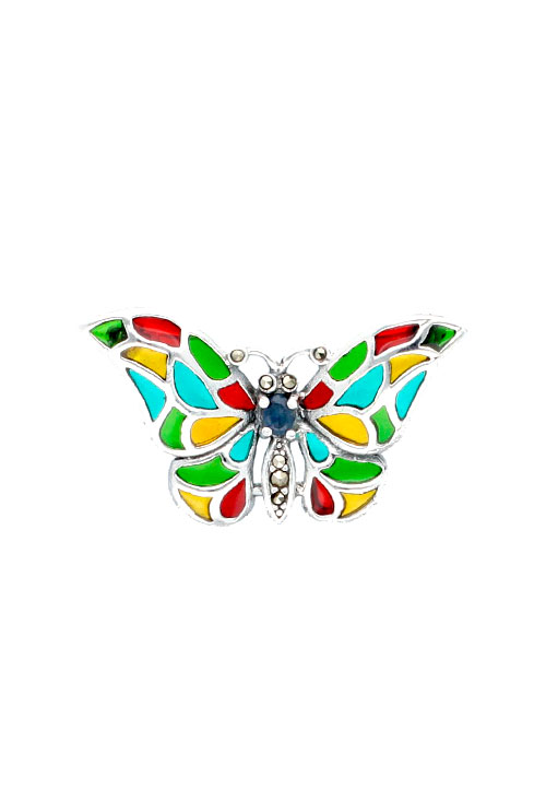 broche mariposa plata y vidriera fotografia frontal