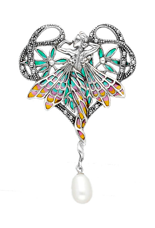 broche plata hada del bosque tipo vidriera con perla cultivada toma frontal