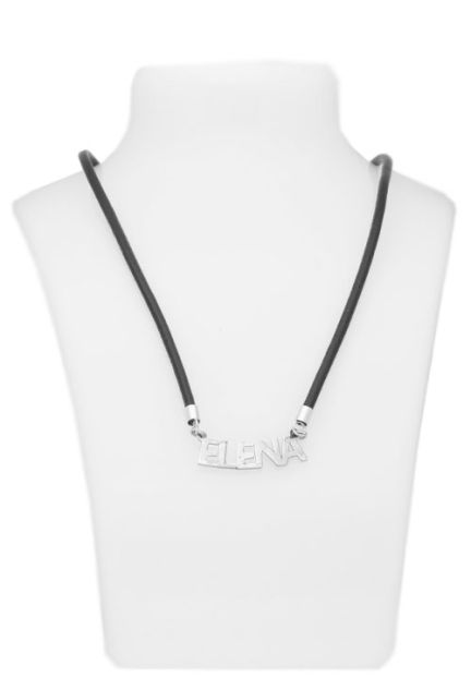 gargantilla plata y cuero nombre Elena a precio de ocasion outlet de joyeria foto en expositor parrilla web