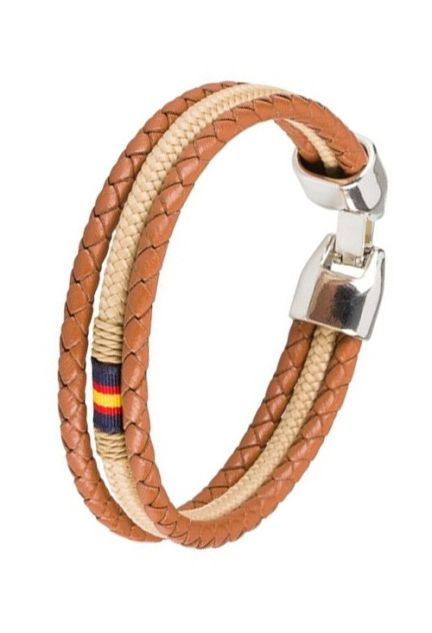 Pulsera España triple aro en piel marrón y cordón beige 116-2BBB-1BB