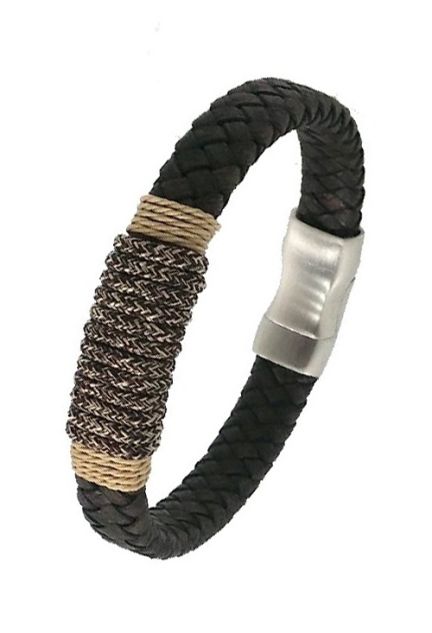 Pulsera en piel trenzada marrón con hilo náutico jaspeado 137-2I-2BI0