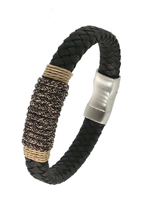 Pulsera en piel trenzada marrón con hilo náutico jaspeado 137-2I-2BI0