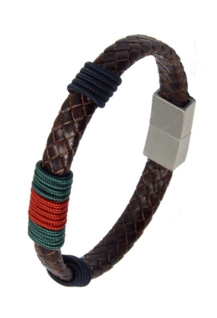 Pulsera en piel trenzada marrón detalle azul verde y rojo