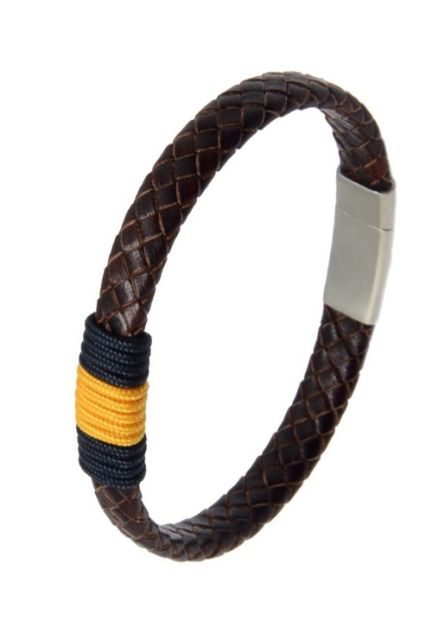 Pulsera en piel trenzada marrón detalle azul y amarillo 237-1Q-1AD