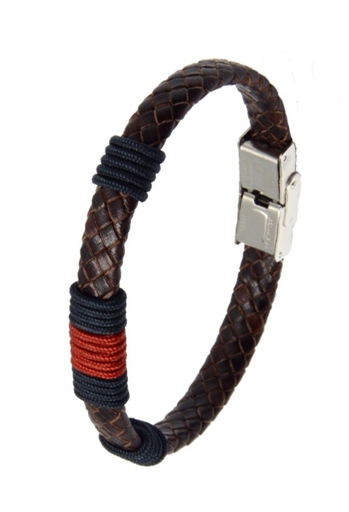 Pulsera en piel trenzada marrón detalle azul y rojo 237-1Q-2AAL