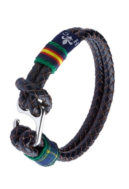 Pulsera España en piel trenzada marrón con bandera hilo verde PHF-127-2A-1RR