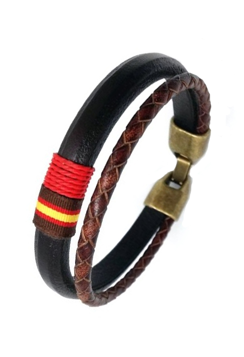 Pulsera España en piel trenzada y lisa con bandera hilo rojo 146-1II-1L
