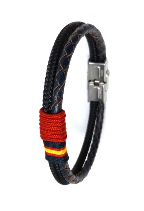 Pulsera España piel e hilo náutico azul detalle en rojo 126-2AA-6L
