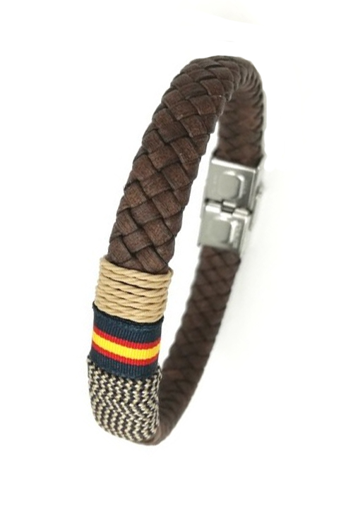 Pulsera España y piel trenzada marrón con bandera 137-2I-7A0B