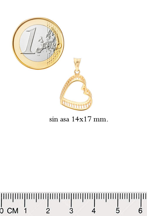 colgante oro amarillo 18 kilates corazón corpóreo enrejado 3D foto tamaño comparado con un euro para parrilla web el rubi joyeros