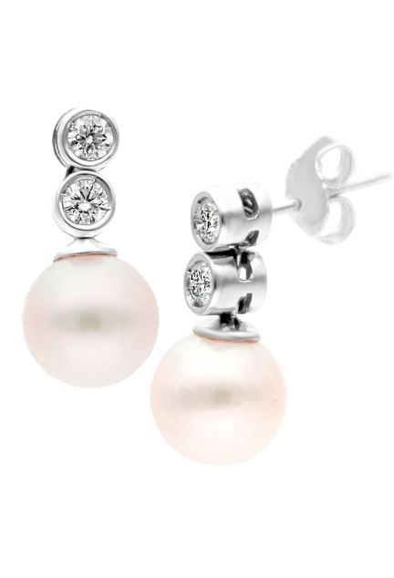 pendientes largos para novia u ocasiones especiales oro blanco 18 kilates diamantes y perlas cultivadas, foto lateral para parrilla web el rubi joyeros