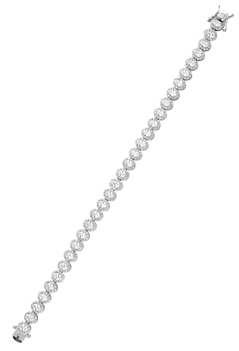 Pulsera plata y circonitas tipo riviere, este modelo esta formado por rosetas u orlas con una circonita central talla oval engastada en garra de cuatro patas y rodeada por una  galería de circonitas redondas de mucho menor tamaño vista extendida