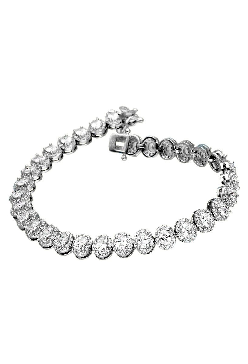 Pulsera plata y circonitas tipo riviere, este modelo esta formado por rosetas u orlas con una circonita central talla oval engastada en garra de cuatro patas y rodeada por una  galería de circonitas redondas de mucho menor tamaño vista frontal