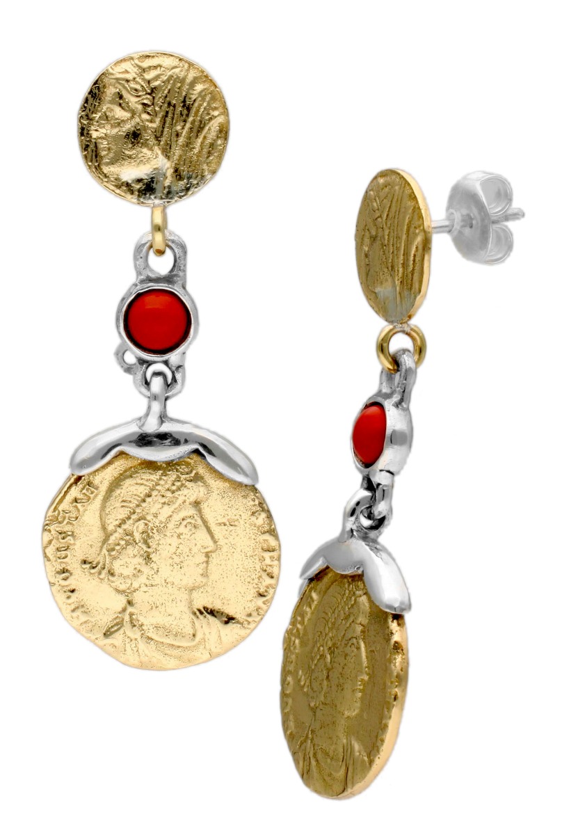 pendientes largos plata y bronce con coral fotografia para web el rubi joyeros toma frontal y lateral