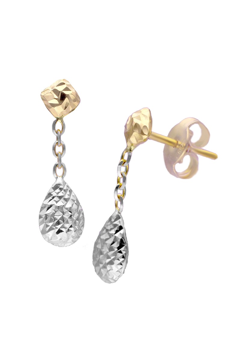 pendientes largos oro blanco y amarillo perilla acabado martelle colgando de cadena y motivo romboide fotografia lateral para exposicion en el rubi joyeros