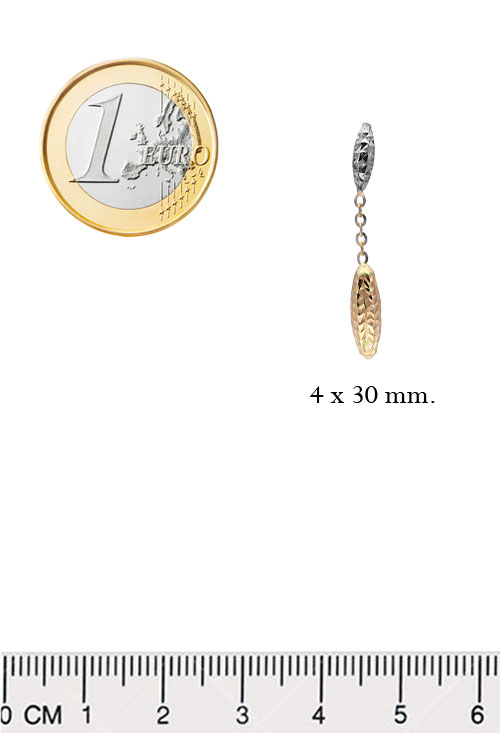 pendientes largos oro bicolor 18 kilates fotografia con medidas para exponer en la web de el rubi joyeros
