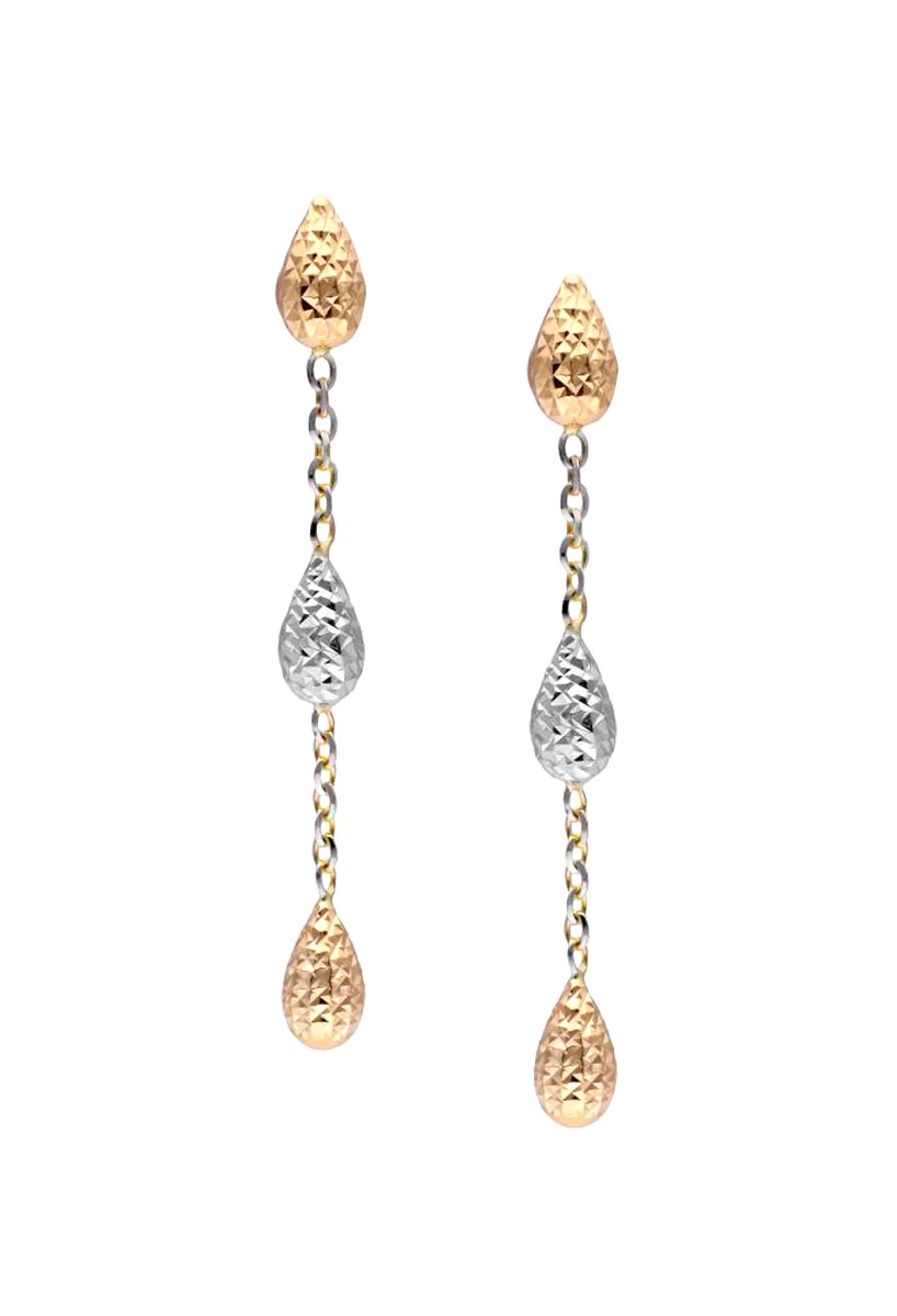 pendientes largos oro bicolor blanco y amarillo fotografia de frente para mostrar en la web de el rubi joyeros