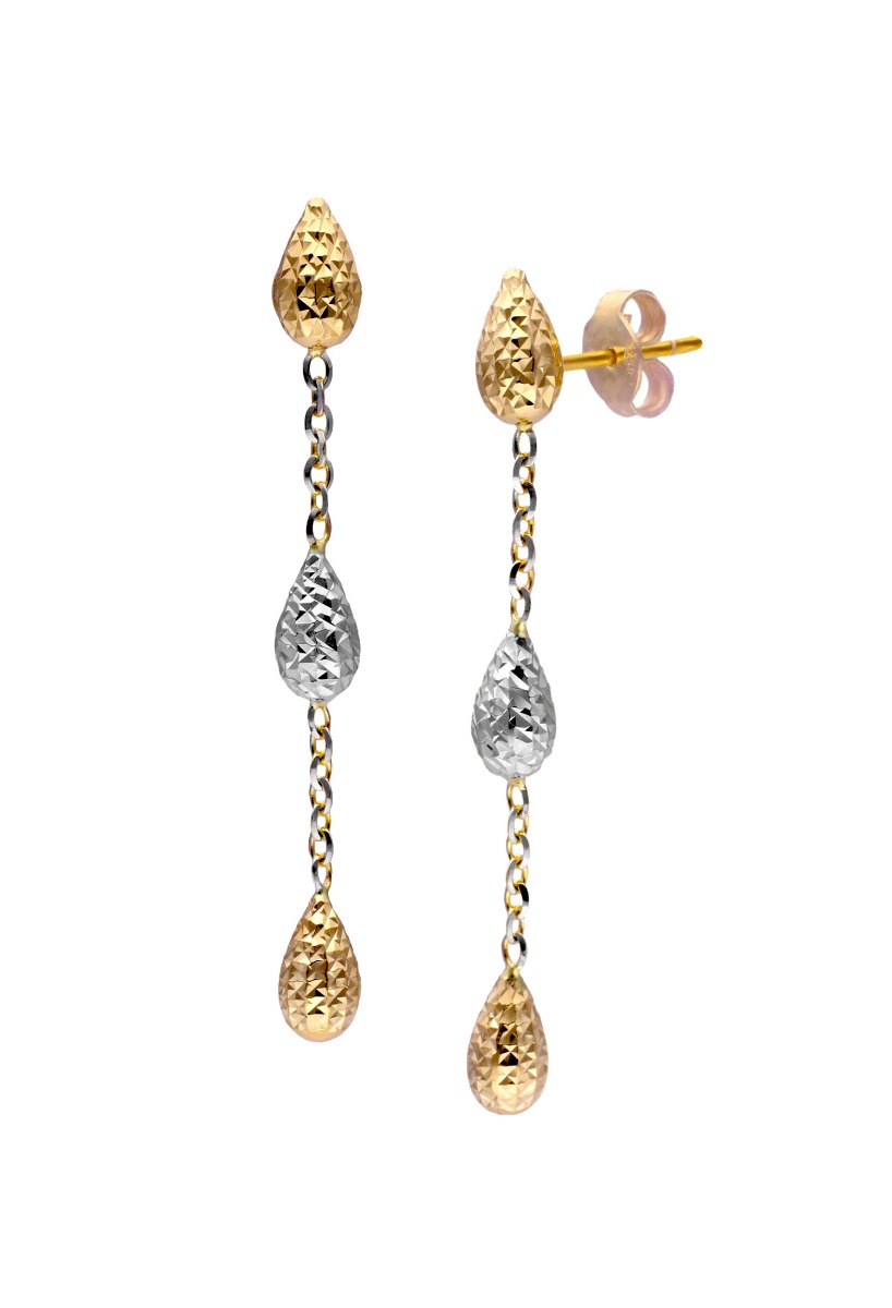 pendientes largos oro bicolor blanco y amarillo fotografia detalle presion para mostrar en la web de el rubi joyeros