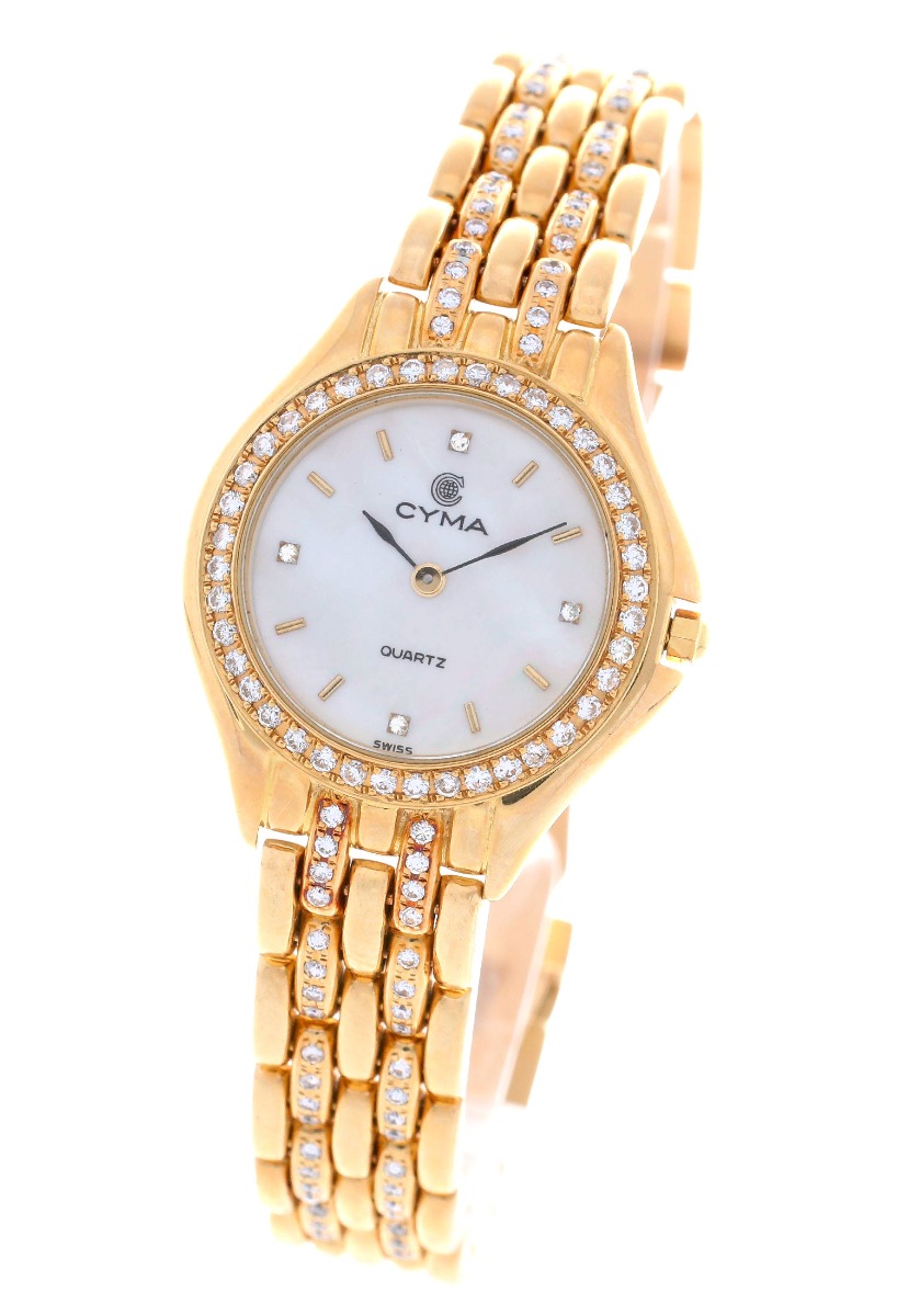 reloj para mujer oro 18 kilates y diamantes talla brillante marca Cyma fotografia foblicua para exponer en la web el rubi joyeros