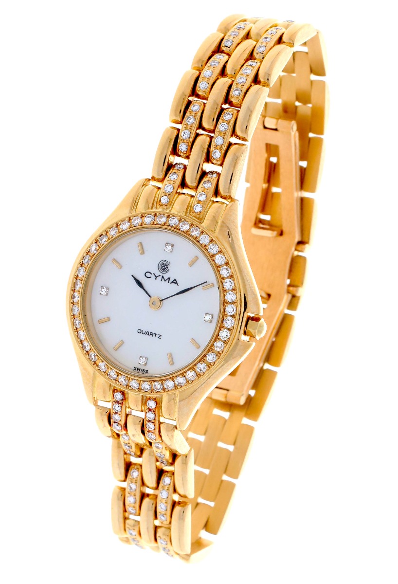 reloj para mujer oro 18 kilates y diamantes talla brillante marca Cyma fotografia oblicua que deja ver el cierre oculto para exponer en la web el rubi joyeros