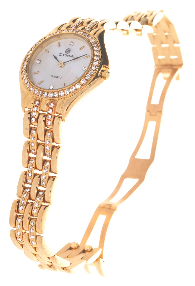 reloj para mujer oro 18 kilates y diamantes talla brillante marca Cyma fotografia cierre abierto para exponer en la web el rubi joyeros