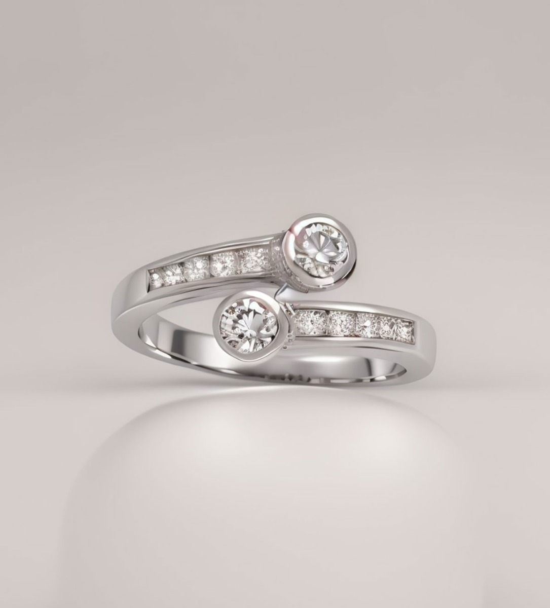 anillo compromiso oro blanco 18 ktes modelo tu y yo con diamantes talla brillante y talla princesa vista foto renderizada