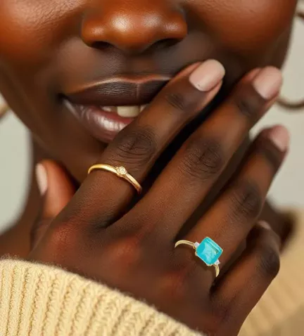 anillo de oro con cuarzo color verde azulado foto modelo IA