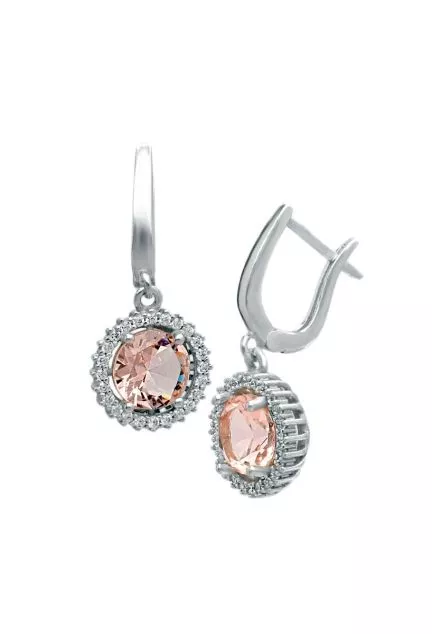 pendientes de plata con cuarzo rosa palo y circones fotografia principal toma lateral y frontal para visionar en web