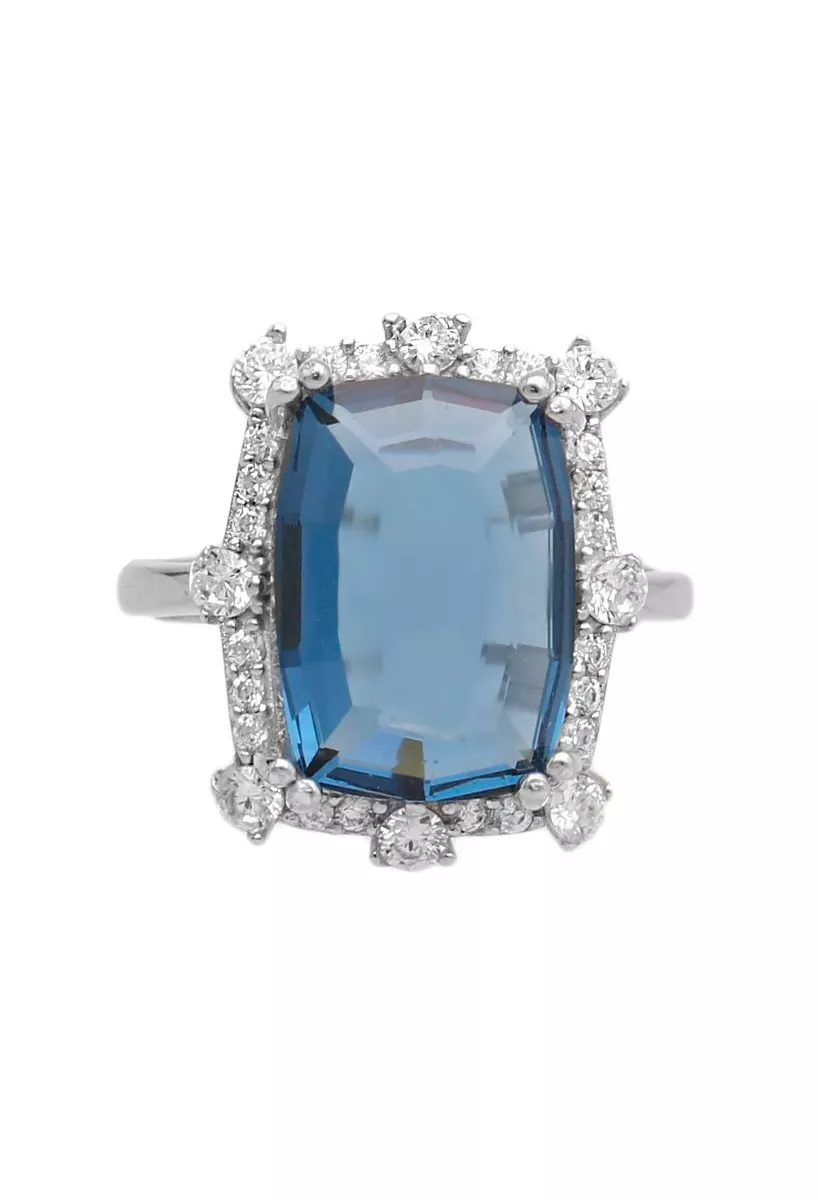 anillo plata con simil zafiro y circonitas fotografia frontal para web