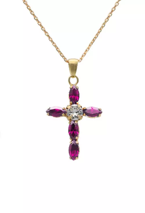 Gargantilla de plata chapada cruz con piedras de color 273_A3726-11DG