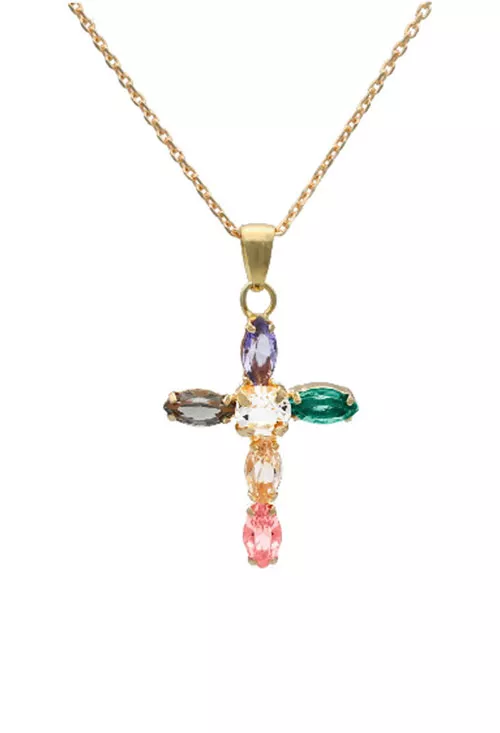 Gargantilla de plata chapada cruz con piedras de color 273_A3726-MDG