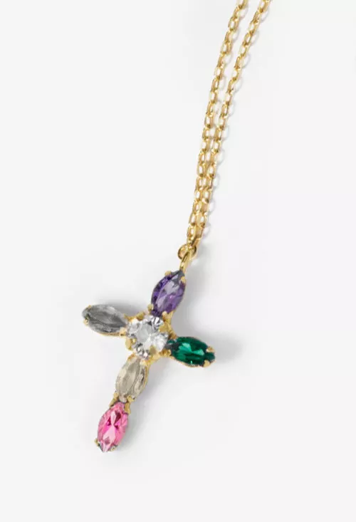 Gargantilla de plata chapada cruz con piedras de color 273_A3726-MDG foto 2