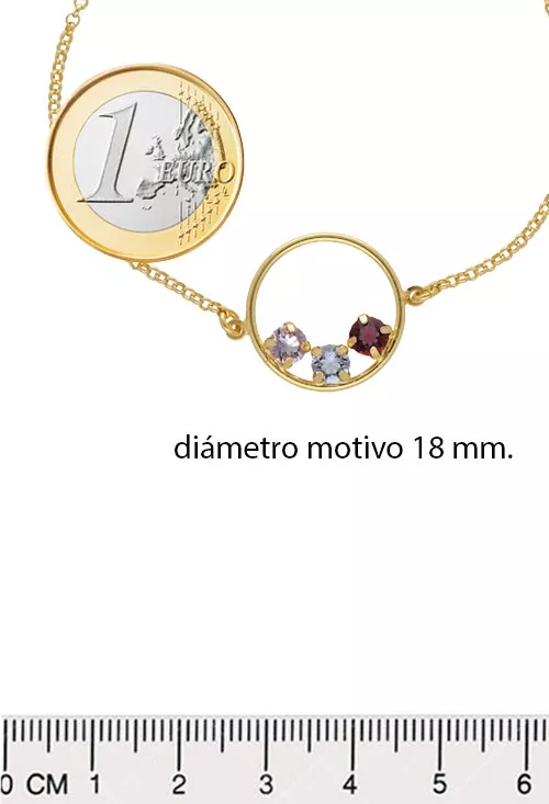 Pulsera de plata chapada con motivo circular con 3 piedras de color 273_A4325-MDP medidas