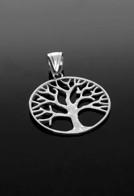colgante de plata representación del árbol de la vida calado con bisel circular foto sin recortar sobre base negra