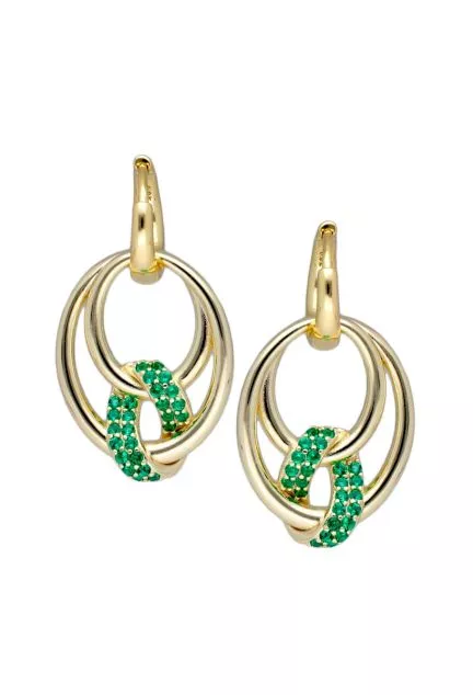 pendientes largos plata chapada con piedras de color verde esmeralda vista frontal