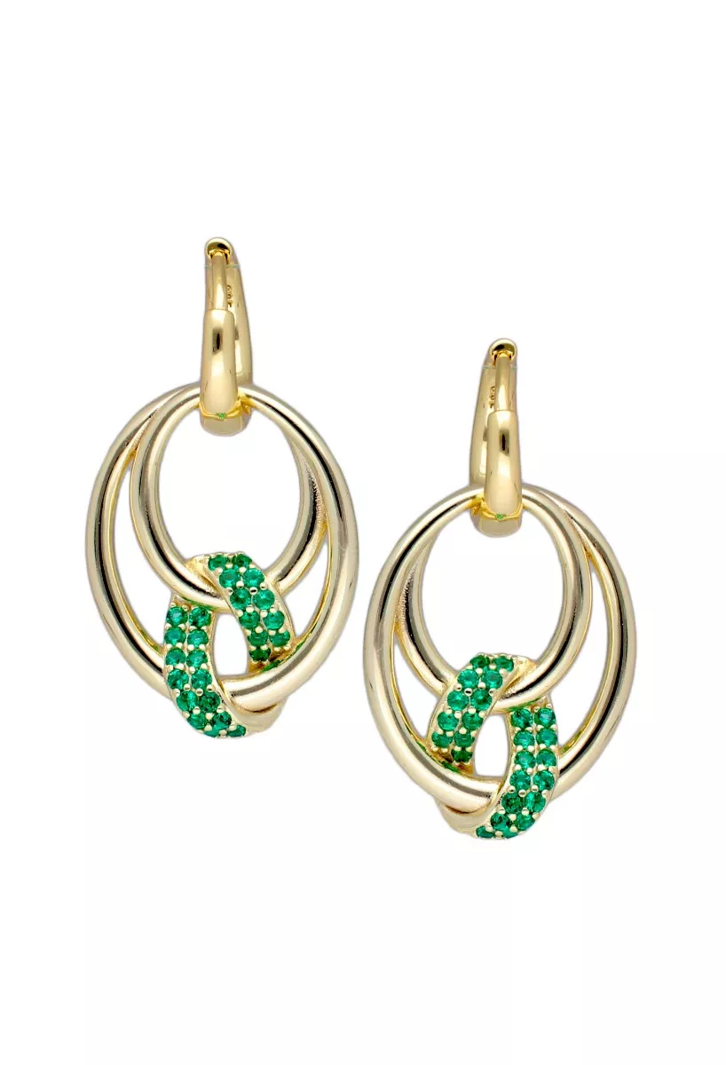 pendientes largos plata chapada con piedras de color verde esmeralda vista frontal